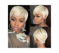 Perruque Naturel Perruque courte blonde en cheveux humains, coupe dégradée, 613#, cheveux lisses, style Pixie, avec frange Perruque Coupe