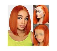 Perruque Naturel Perruque courte en dentelle orange roux, cheveux humains lisses, avec raie en T transparente Perruque Coupe(10inches)