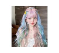 Perruque Naturel Perruque de cheveux ondulés naturels for femmes Cosplay résistant à la chaleur 28 pouces couleur arc-en-ciel irisée perruques synthétiques multicolores avec frange longue Perruque Cou