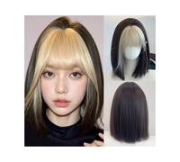 Perruque Naturel Perruque synthétique courte et lisse noire avec frange blonde for femme, résistante à la chaleur Perruque Coupe