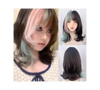 Perruque Naturel Perruque synthétique courte ondulée avec frange, mèches noires, roses et vertes, for femme, idéale for le cosplay Perruque Coupe