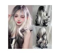 Perruque Naturel Perruque synthétique longue et ondulée noire ombrée et blanche avec raie au milieu for femme, idéale for un cosplay ou une fête. Perruque Coupe