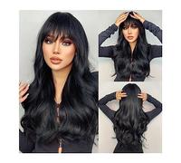 Perruque Naturel Perruque synthétique longue ondulée noire naturelle avec frange for les femmes perruques brun foncé de vague de corps Cosplay cheveux quotidiens résistant à la chaleur Perruque Coupe
