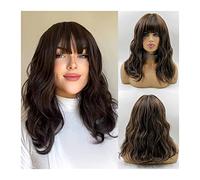 Perruque Naturel Perruque synthétique ondulée marron foncé avec une frange proche et une ligne de cheveux naturelle, perruques Bob ondulées de longueur moyenne for les femmes Cosplay quotidien perruqu