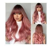 Perruque Naturel Perruques de cheveux synthétiques ondulés gris rose longs avec une frange for les femmes blanches perruque de cosplay naturel rose frêne noir fibre résistante à la chaleur Perruque Co