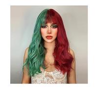 Perruque Naturel Perruques longues ondulées vertes et rouges avec frange Cosplay Noël Halloween cheveux deux tons Omber perruques synthétiques for femmes résistant à la chaleur Perruque Coupe