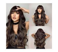 Perruque Naturel Perruques synthétiques à longue vague d'eau marron foncé avec frange perruque de faux cheveux ondulés en platine mélangée naturelle for les femmes résistantes à la fête quotidienne Pe