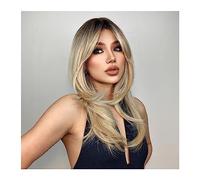 Perruque Naturel Perruques synthétiques droites blondes dorées longues for femmes perruque de cheveux en couches naturelles mi-longue frange latérale Cosplay quotidien résistant à la chaleur Perruque