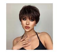Perruque Naturel Perruques synthétiques marron foncé coupe courte perruque naturelle en couches droites avec frange moelleuse for les femmes cheveux résistants à la chaleur au quotidien Perruque Coupe