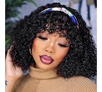 Perruque Naturelle Brésilien Kinky Curly Bob Wig With Bangs - Human Hair Glueless Wig No Lace - Cheveux Humain avec Frange - Natural Black 14 Pouces