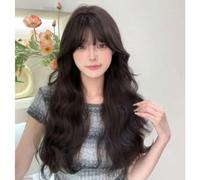 Perruque Noir Brun Cheveux Longs Bouclés Frange Air Naturel Casque Complet