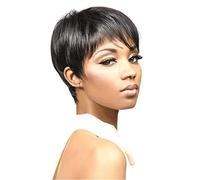 Perruque Noir courtes, PKOUVOO Pixie Cut avec franges Perruques naturelles droites en cheveux synthétiques pour femmes blanches