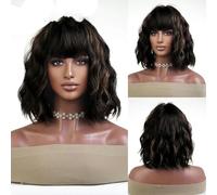 Perruque noire avec frange, perruques naturelles pour femmes, perruque synthétique courte et ondulée, cheveux résistants à la chaleur pour fête quotidienne-LC8087-1