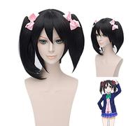 Perruque noire courte et droite avec 2 queues de cheval - 30 cm - Perruque de cosplay - Jetable
