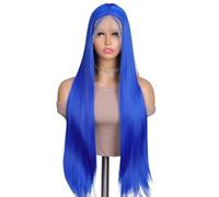 Perruque noire de 61 cm avec frange for femme, cheveux synthétiques longs et lisses, idéale for le quotidien, les fêtes, Halloween et le cosplay. Effet naturel et Volumineux(Blue)