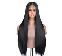 Perruque noire de 61 cm avec frange for femme, cheveux synthétiques longs et lisses, idéale for le quotidien, les fêtes, Halloween et le cosplay. Effet naturel et Volumineux(Black)