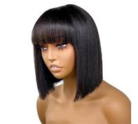 Perruque noire en dentelle HD 2x1, coupe au carré, cheveux humains avec frange, sans colle, for un usage quotidien. Effet naturel et Volumineux(14inch)