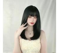 Perruque Noire Japonaise Et Coréenne Pour Femmes Avec Frange À Air, Cheveux Raides Mi-Longs, Couverture Capillaire En Fibre Chimique Avec Bouton Intérieur