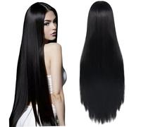 Perruque noire, longue perruque noire, droite extra-longue avec un gelnet, idéal pour le coaplay, la fête, les vêtements quotidiens