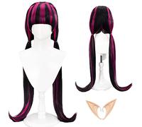 Perruque noire mélangée rose avec frange, oreilles d'elfe et bonnet de perruque gratuit - Perruque en fibre synthétique résistante à la chaleur pour Halloween, fêtes à thème et fans d'anime 80 cm