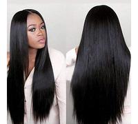 Perruque noire naturelle longue raide 130% de fibre haute densité résistante à la chaleur comme de vrais cheveux humains, sans nœuds, réglable
