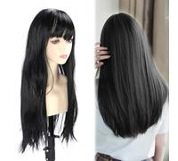 Perruque Noire pour Femme, Perruque Noire Longue et Lisse, Synthétique Tendance Haute Température, Facile à Porter pour les Femmes, Fête cosplay.