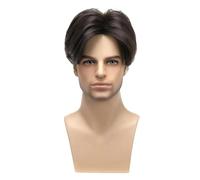 Perruque noire pour homme de 6 pouces, raie centrale, cheveux synthétiques droits, rendu naturel, maillage interne ajustable 20,5 à 23 pouces, fibres haute température pour coiffage, maintien discret