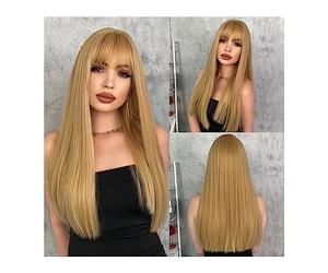 Perruque nouée à la main 22 pouces Blonde Longue Droite Perruque Synthétique avec Une Frange Déliée Naturelle Surbrillance Noir Brun Rose for Les Femmes Quotidien Cosplay Partie Ligne frontale