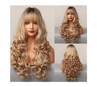 Perruque nouée à la main 25 pouces Ombre Brun Champagne Blonde Highlight Longue Vague Lâche Perruques de Cheveux Synthétiques avec Bang Résistant À La Chaleur Faux for les Femmes Ligne frontale