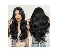 Perruque nouée à la main Perruque en fibre synthétique haute température soie rouge vin, cheveux mi-longs et bouclés Ligne frontale(103F-black)