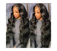 Perruque nouée à la main Perruque Lace Front Wig synthétique Body Wave, 26 pouces, densité 180, douce, pre-plucked, couleur noire, avec cheveux de bébé, sans colle, usage quotidien Ligne frontale