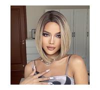 Perruque nouée à la main Perruques Bob brunes courtes for femmes cheveux synthétiques raides avec des racines foncées partie centrale perruque Cosplay quotidienne haute température Ligne frontale