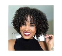 Perruque nouée à la main Perruques bouclées en cheveux humains, perruques courtes avec frange for femmes noires Ligne frontale(14inches)