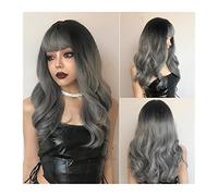Perruque Ombre Grey Wig Wig avec frange longue perruque grise ombre avec racine noire Perruques grises de longue durée for femmes perruques ondulées synthétiques résistantes à la chaleur for la fête q