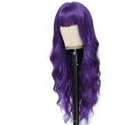 Perruque ondulée bou de 26 pouces de long avec frange for femmes, perruques synthétiques d'apparence naturelle for une utilisation quotidienne en fête Effet naturel et Volumineux(Purple)