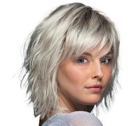 Perruque ondulée bou synthétique courte de 12 pouces avec frange, perruques en fibres for femmes, fête quotidienne, Festival de vacances, noël utilisé pour Femme Charmant(Grey)