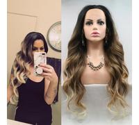 Perruque ondulée de 66 cm de long avec racines foncées, blond ombré brun ombré avec pointes - Perruque synthétique avec dentelle frontale pour femme - 3 tons de couleur résistante à la chaleur - Pour
