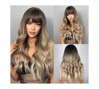 Perruque ondulée dorée brune ombrée avec frange, perruques synthétiques longues et bouclées for femmes, fausse fibre résistante à la chaleur Daily Use