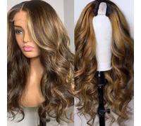 Perruque ondulée mi-longue avec raie en U, blond miel ombré, mèches ombrées, longue et ondulée, perruque ondulée mi-longue avec raie en U, perruques en cheveux naturels ombrés pour femmes noires(20 in