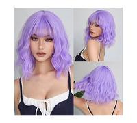 perruque ondulée Perruques synthétiques courtes violet bleu bouclés perruques avec frange for les femmes Cosplay Party Halloween coloré Bob perruques résistant à la chaleur perruques de cheveux synthé