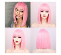 perruque ondulée Perruques synthétiques droites courtes perruques avec franges for femmes for femmes roses rose violet rouge naturel perruques de cheveux synthétiques naturels(Pink)