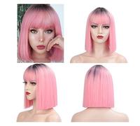 perruque ondulée Perruques synthétiques droites courtes perruques avec franges for femmes for femmes roses rose violet rouge naturel perruques de cheveux synthétiques naturels(1B-Pink)