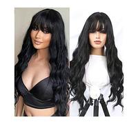 perruque ondulée Synthétiques cheveux longs Wavy Black/Brown Color Wigs avec une frange moelleuse for les femmes à porter quotidiennes perruques à fibres résistantes à la chaleur 32 pouces avec une