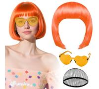 Perruque orange avec lunettes de soleil en forme de cœur et bonnet pour femme, perruque courte au carré PLULON synthétique colorée et amusante pour cosplay idéal pour enterrement de vie de jeune fille