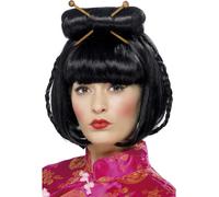 Perruque Orientale China Girl Noire Avec Baguettes Pour Femmes Costume Chinois