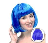 Perruque Partyrama, bob court avec frange Unique, Perruque Coupe au Carré Classique avec bonnets de perruque pour le carnaval & motto-party (Bleu)