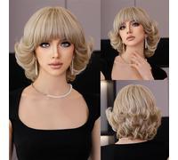 Perruque, Perruque Bob courte blonde argentée rétro avec frange for femmes, perruques synthétiques lisses blondes claires for fête quotidienne