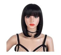 Perruque Perruque Bob noire courte et lisse avec frange, perruques de cheveux noirs synthétiques naturels résistants à la chaleur for femmes, perruques de fête à usage quotidien for hommes Femmes