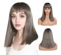 Perruque Perruque courte grise dégradée, perruque courte et droite avec frange, perruque naturelle for femme, adaptée à une utilisation quotidienne en fête Perruques quotidiennes