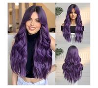 Perruque, Perruque d'Halloween complète à la mode avec frange à huit caractères dégradé rouge, cheveux longs et bouclés, grande vague(Purple)